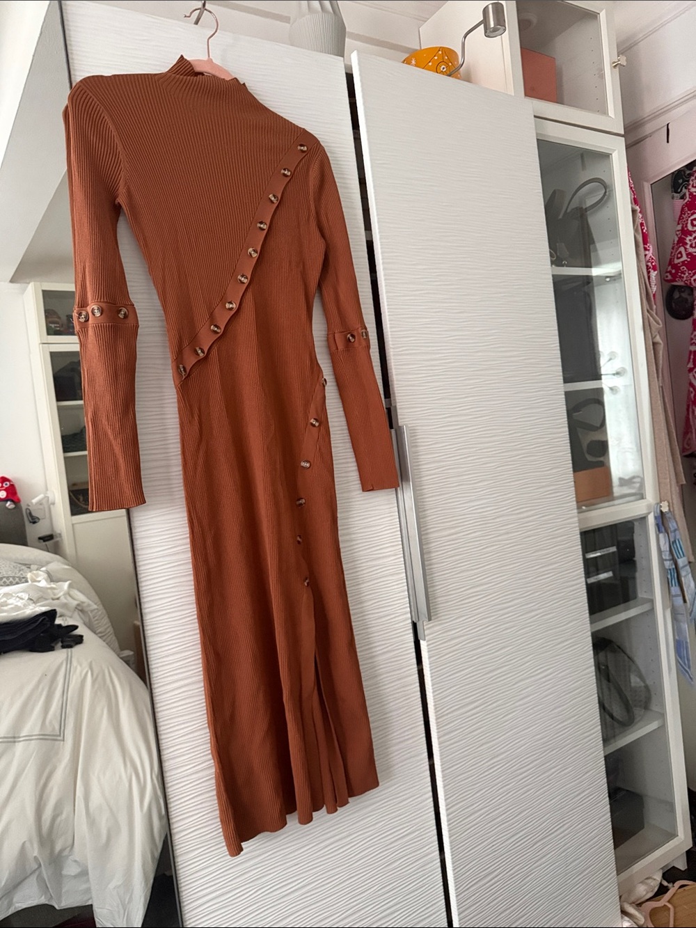 NICHOLAS Rust Ribbed Long-Sleeve Midi Dress with Snap Trim